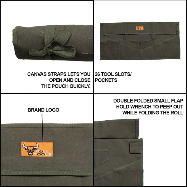 Wrench Tool Roll Organizer, 26 Pocket Roll Up Pouch, Olive Drab Duck Canvas | Handcrafted Heavy Duty Canvas, Metric SAE Compatible, Secure Roll Up