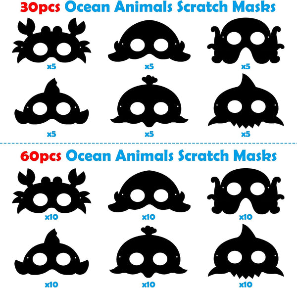 WATINC 30Pcs Ocean Animals Scratch Masks for Kids, 6 Styles Summer Paper Scratch off Art Magic Craft Party Favors Kit, DIY under the Sea Project