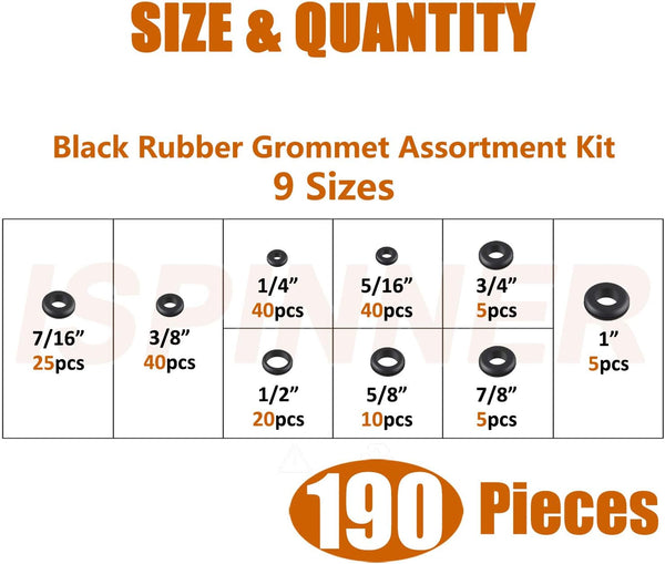 ISPINNER 190pcs Rubber Grommet Assortment Kit, 9 Sizes Eyelet Ring Gasket 1/4" 5/16" 3/8" 7/16" 1/2" 5/8" 3/4" 7/8" 1" (Black)
