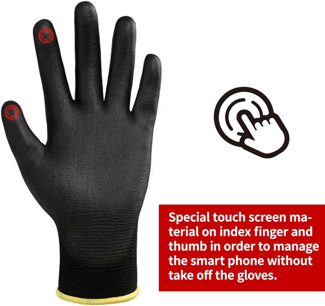 DULFINE Safety Work Gloves PU Coated for Men and Women-12 Pairs,Black Seamless K