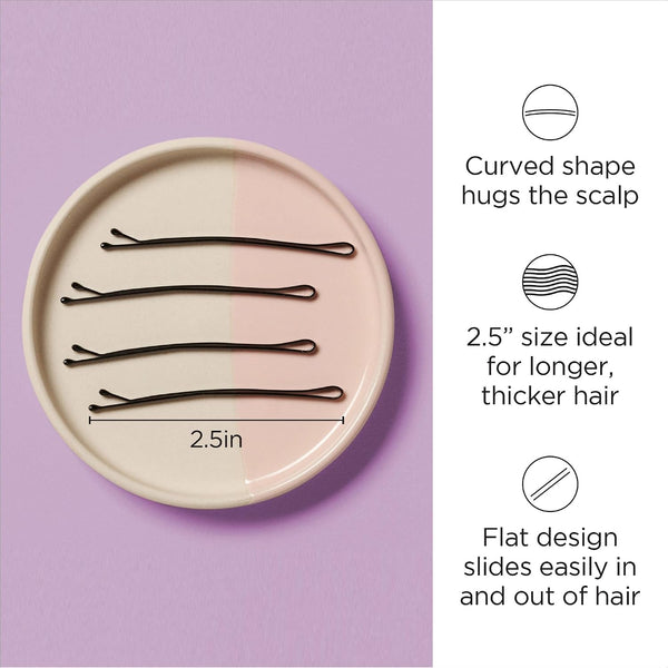 Diane 2.5” Curved Black Bobby Pins, Large Flat Hair Pins with Ball Tips for Long & Thick Hair, Updos, Flyaways, Protective Hairstyles & Doobie
