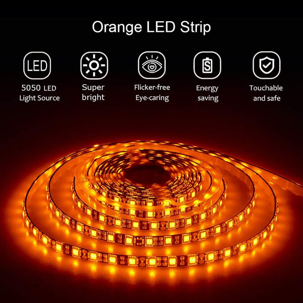 ALITOVE Orange LED Strip Lights 16.4ft 5050 SMD Black PCB 5M 300 LEDs Waterproof IP65 12V DC for Home Hotels Clubs Shopping malls Cars Lighting