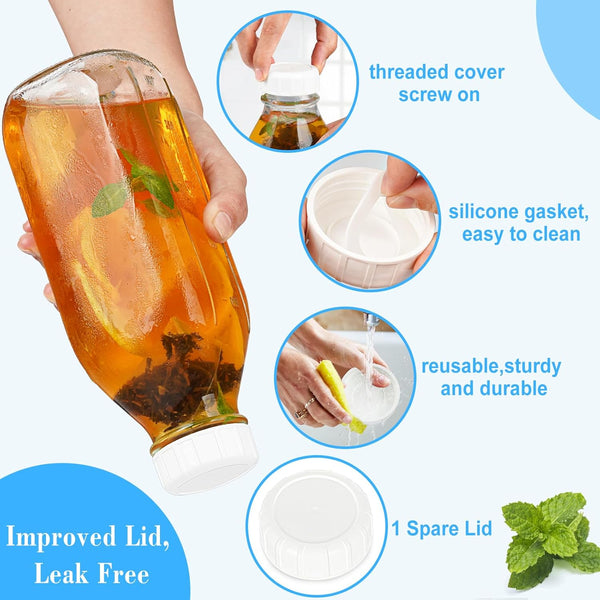 Milk Bottle with Dispenser Cap, 100% Airtight Heavy Duty Screw Lid. 2 Pack 32 Oz Reusable Glass Bottles with 3 Lids! Breast Milk Jug Pitcher,