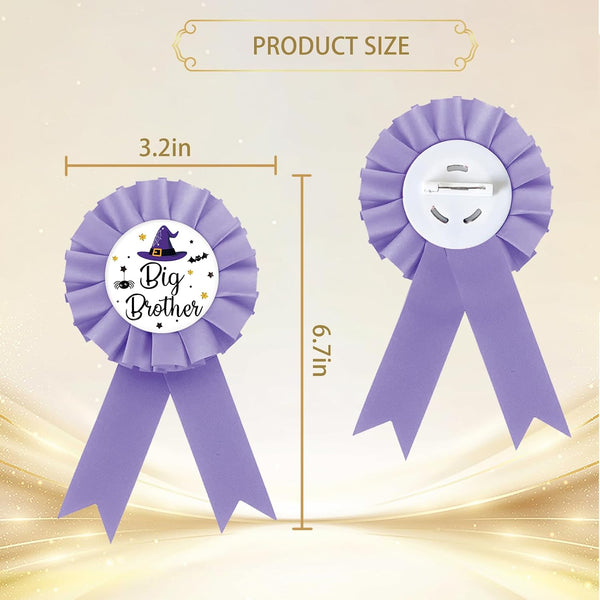 Halloween Big Brother Tinplate Badge Pin, Brother To Be Button Pin, Witch Birthday Boy Award Ribbon, Purple Rosette Badge for Baby Shower,