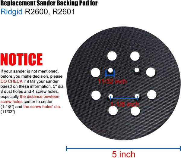 2 Pack 5 Inch 8 Hole Hook and Loop Sander Pad for Ridgid R2600, R2601 5" Random Orbit Sanders - Replacement Backing Sanding Pad for Pad Part