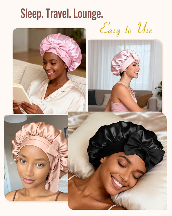 BONNET QUEEN Double Layer Silk Bonnet for Sleeping for Women Satin Lined Bonnet Night Cap for Curly Hair with Tie Band,Black Medium Black