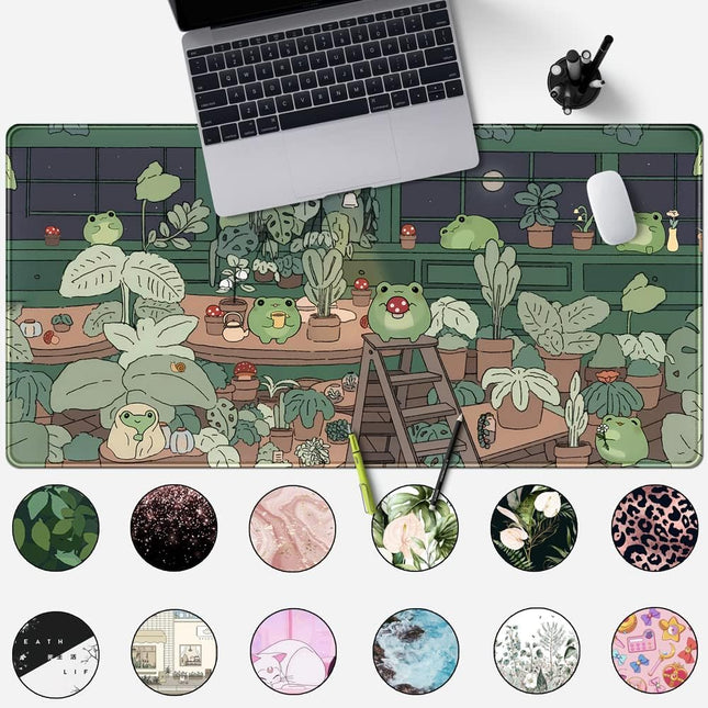 Cute Frog Kawaii Green Desk Decor Mat, Large Gaming Mouse Pad for Computer Keybo