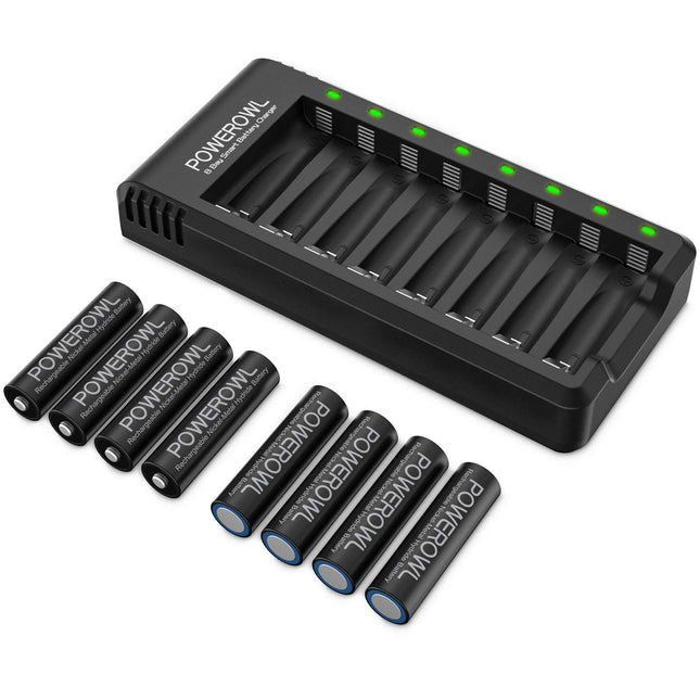 Rechargeable AA Batteries with Charger, POWEROWL 8 Pack of 2800Mah High Capacity Low Self Discharge Ni-Mh Double a Batte