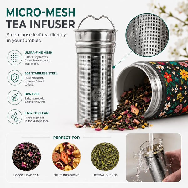 22 oz Ceramic Lined Tea Infuser Travel Tumbler, Micro-Mesh Stainless Steel Infuser, Pure Taste Ceramic Interior, Triple Insulated 12hr Hot Cold,