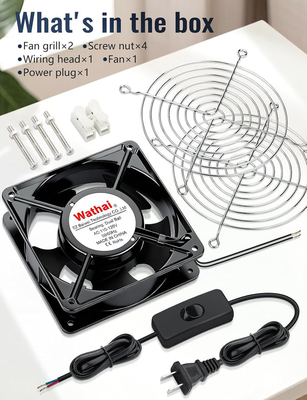 Wathai 12038 120mm x 38mm AC Axial Muffin Cooling Fan 110V 120V Dual Ball | High CFM Heavy-Duty Fan with AC Plug for DIY Cooling AC 120x120x38mm