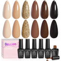 Beetles Nude Brown Gel Nail Polish Kit, 6 Colors Glitter Gold Nude Brown Neutral Beige Khaki Gel Nail Polish Set Roasted Chestnuts Collection Uv
