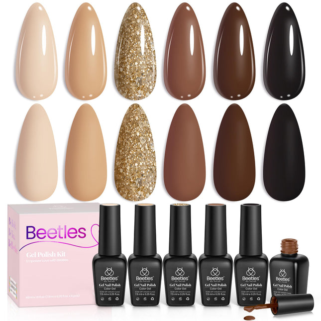 Beetles Nude Brown Gel Nail Polish Kit, 6 Colors Glitter Gold Nude Brown Neutral