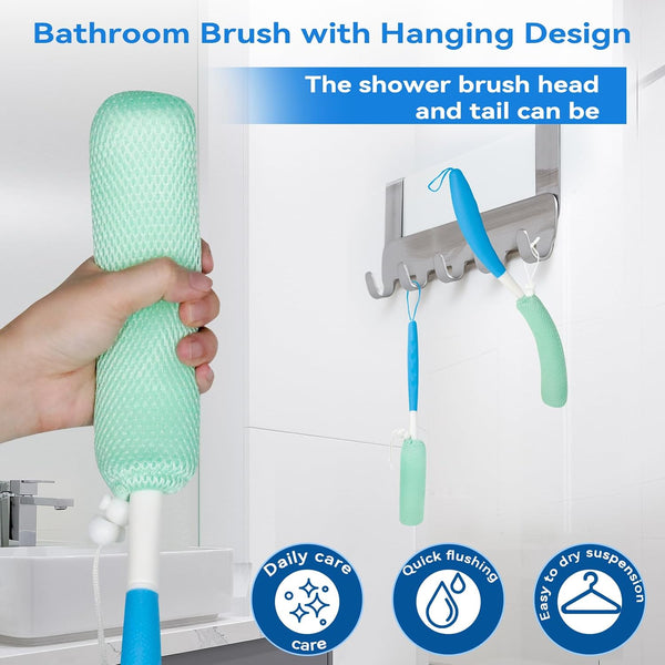 15.35" Back Bath Brush with Sponge,Back Scrubber Bath Mesh with Curved Long Handle Bath Body Brush for Elderly Aid Bathing and Shower Black+Pink