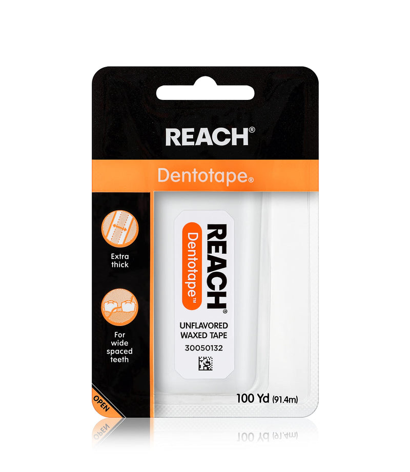 REACH Dentotape Waxed Dental Floss Tape, Unflavored, Extra Wide Floss, Shred & Frey Resistant, Plaque Remover for Teeth, Easy on Gums & Teeth,