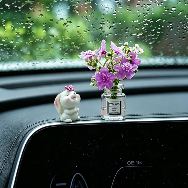 Set of 2 Cute Mini Bunny and Peach Blossom in Flower Vase Car Rearview Mirror Ornaments Funny Dashboard Decorations Kawaii Car Interior