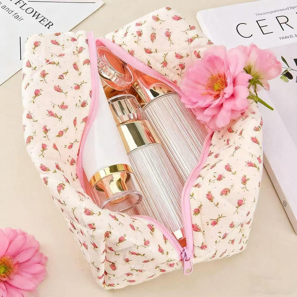 Floral Makeup Bag,Floral Quilted Makeup Bag,Large Cosmetic Bag,Fashionable Travel Makeup Pouch, Cute Pink Makeup Bag,Puffy Coquette Makeup Bag,
