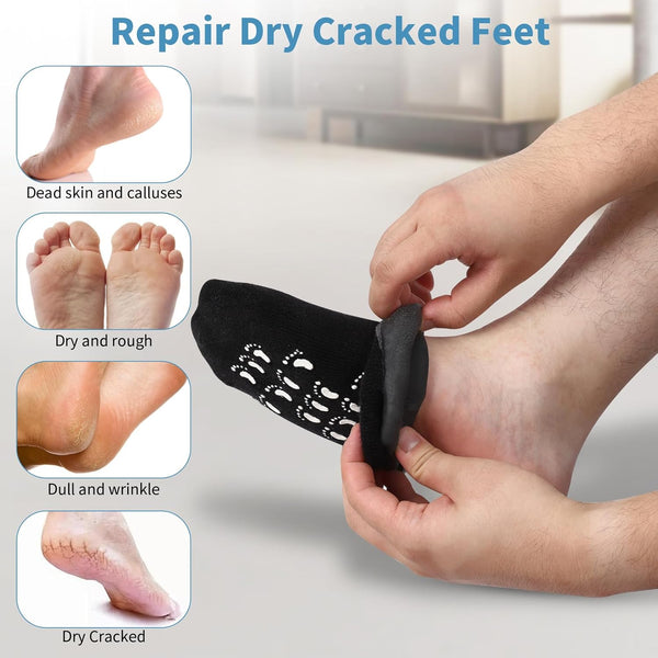 11" Large Silicone Moisturizing Socks for Men - 2 Pairs Soft Foot Care Socks - Feet Moisturizing Socks for Dry Cracked Feet (Size L) 2 pairs black L