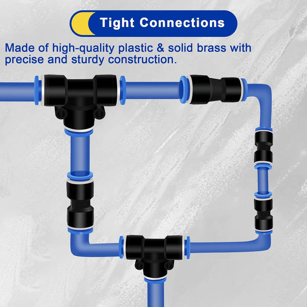 Push to Connect Fittings 3/8" X 1/4" X 3/8" OD Reducing Tee- 6 PCS 3/8" X 1/4" OD Quick Connect Air Hose Fittings - Reducing Straight Union
