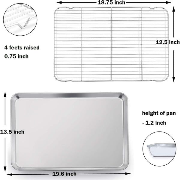 P&P CHEF 19.6 Inch Stainless Steel Baking Sheet with Rack Set (2 Pans+ 2 Racks), Cookie Sheets Baking Trays and Cooling Wire Racks, Oven &