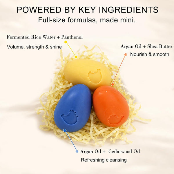 Mini Egg Shampoo Bar Set – 3 Solid Shampoo Sampler Bars, Travel Size, Sulfate-Free, Zero Waste Hair Care Gift Set for Women & Travel
