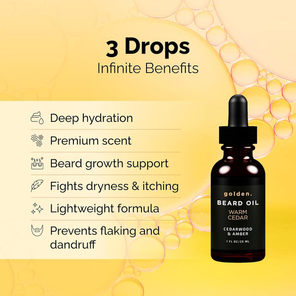 Golden Grooming Beard Oil for Men | Natural Growth Kit with Castor Oil, Jojoba Oil, and Olive Oil | Tames, Moisturizes & Styles | Warm Cedar Scent