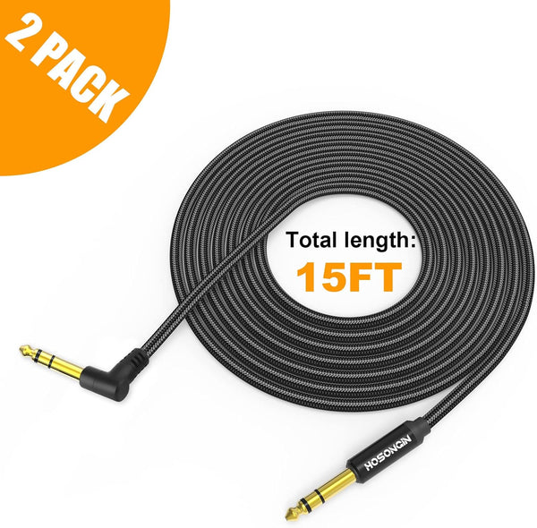 HOSONGIN 1/4 Inch TRS Instrument Cable 15 feet 2-Pack, Straight-to-Right Angle 6.35mm Male Stereo Audio Cord, Balanced Interconnect Line for