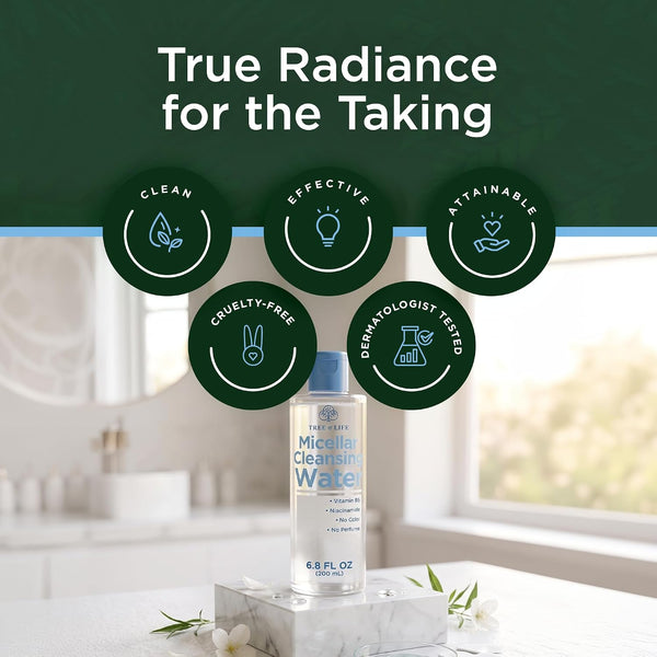 Tree of Life Beauty Micellar Cleansing Water (6.8Fl Oz) - Micellar Water Makeup Remover with Niacinamide, Vitamin B5, Glycerin - Eye Makeup