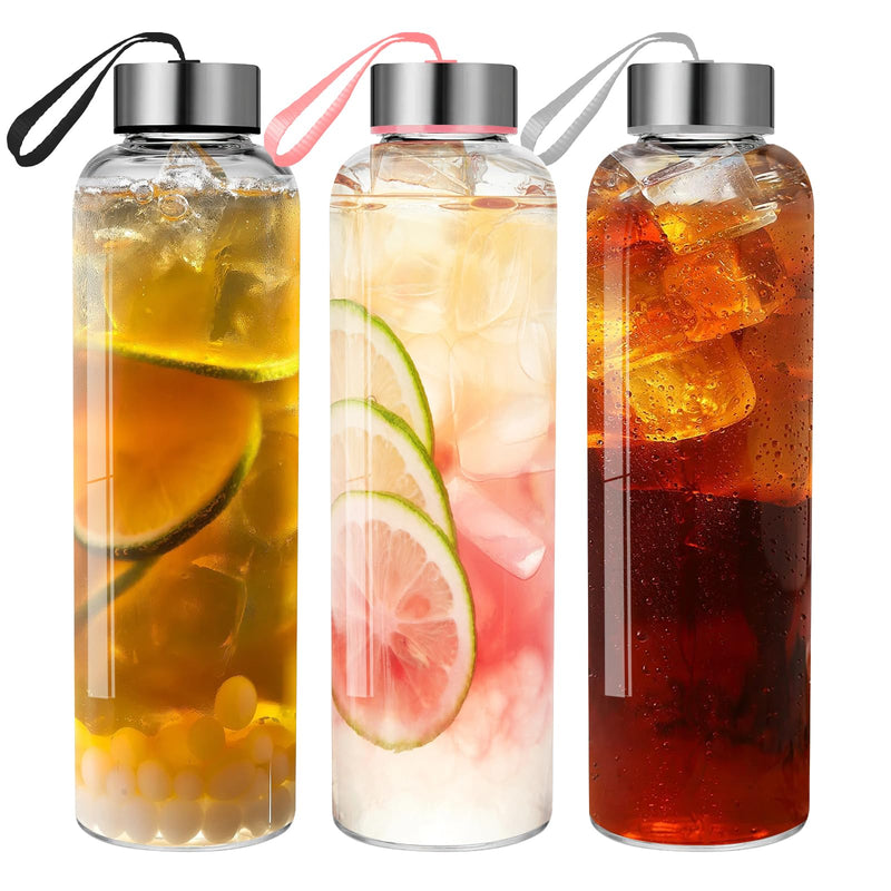 Glass Water Bottles Set of 3, 18 oz, Reusable Water Bottle with Lids, Juice Glass Bottles for Juicing, LeakProof, BPA Free, Container Bottle for