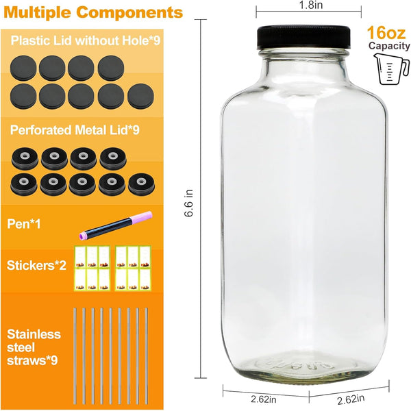 Maredash 16oz glass bottles with lids,juice bottles gifts for women,glass bottles with lids,glass water bottles. Kit includes Stainless Steels