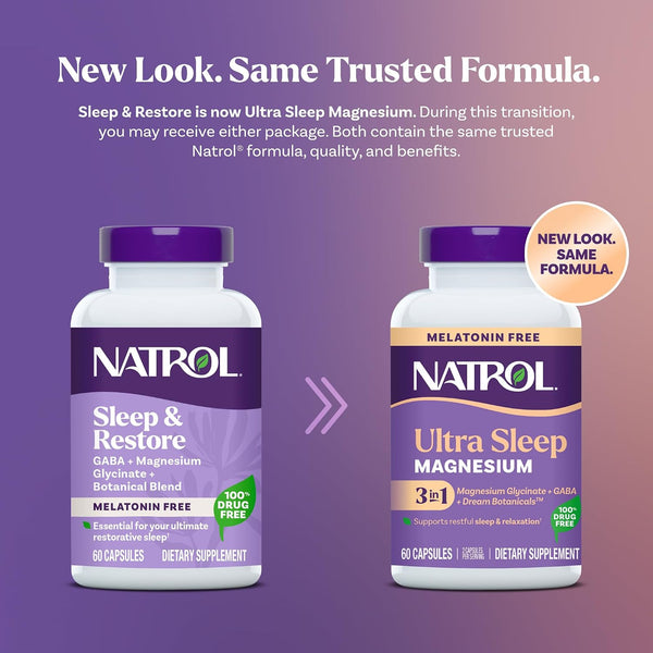 Natrol Sleep & Restore Magnesium Glycinate 100 mg, Melatonin-Free, 60 Count Unflavored 60 Count (Pack of 1)