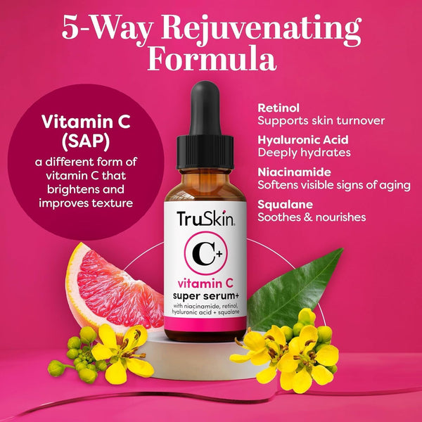 TruSkin Vitamin C Super Serum for Face - Five Skin Benefits in One Serum with Vitamin C, Retinol, Niacinamide, Hyaluronic Acid & Squalane -