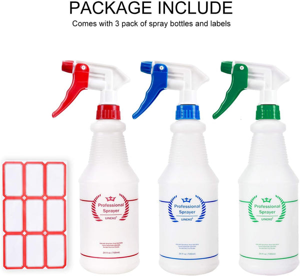 Plastic Spray Bottle (3 Pack, 24 Oz, 3 Colors) Heavy Duty All-Purpose Empty Spraying Leak Proof Mist Water Bottles for Cleaning Solutions Plants