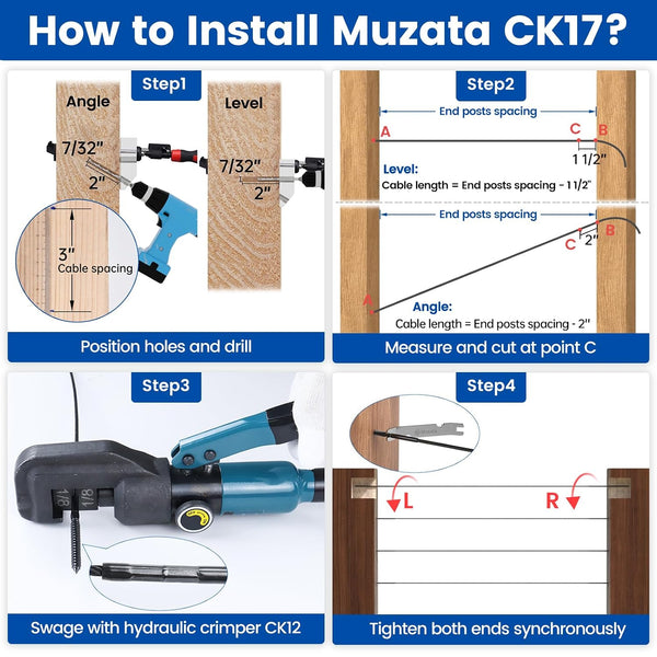 Muzata 40Pack Black Cable Railing Swage Lag Screws for Wood Post CK17 | 20 Pairs 1/8" Wood Cable Railing Hardware Kit for Deck and Stairs, Left &