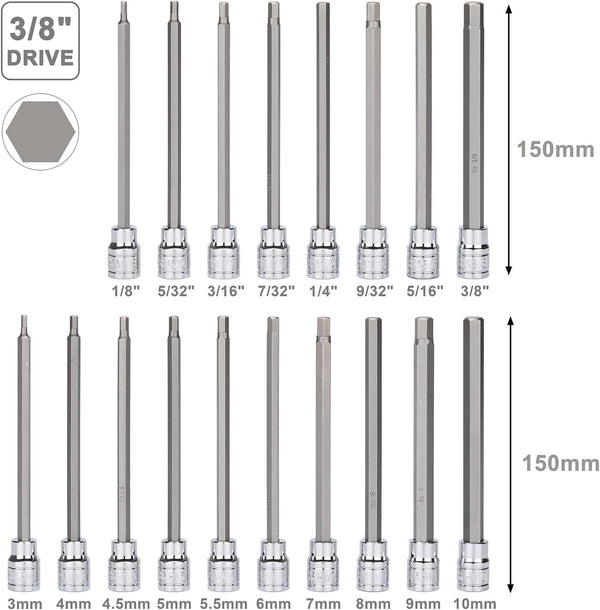 Mayouko 3/8" Drive Extra Long Allen Hex Bit Socket Set, S2&CR-V, Metreic&SAE, 18 Pieces, 1/8" - 3/8", 3-10 mm Hex(SAE&Metric)