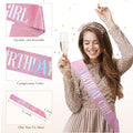 PQRUU Glitter Birthday Sash, Tiara and Rhinestone Headband Set - Pink Birthday Accessories for Her Pink Glitter