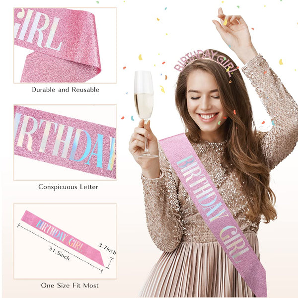 PQRUU Glitter Birthday Sash, Tiara and Rhinestone Headband Set - Pink Birthday Accessories for Her Pink Glitter