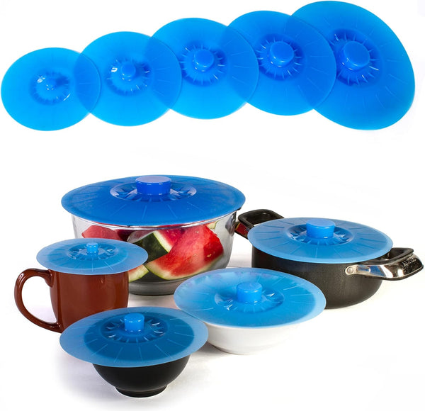 Kitchen + Home Silicone Suction Lids and Food Covers - Set of 5 - Fits Various Sizes of Cups, Bowls, Pans, or Containers!