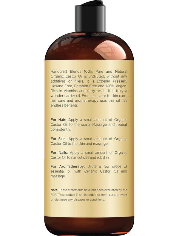 Handcraft Blends Organic Castor Oil - 16 Fl Oz - 100% Pure and Natural - Premium Grade Carrier Oil for Hair Growth, Eyelashes and Eyebrows - Hair