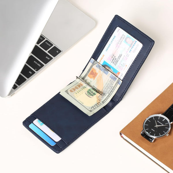 FALAN MULE Wallets for Men RFID Blocking Genuine Leather Bifold Minimalist Front Pocket Mens Wallet Dark Blue