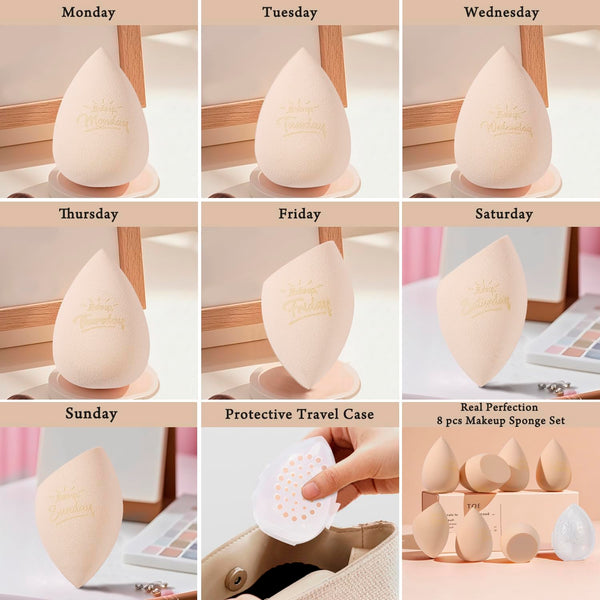Real Perfection Makeup Sponge Set Blender Sponges, Latex-Free Beauty Makeup Sponges 7 Pcs with 1 Travel Container Case for Blending Foundation