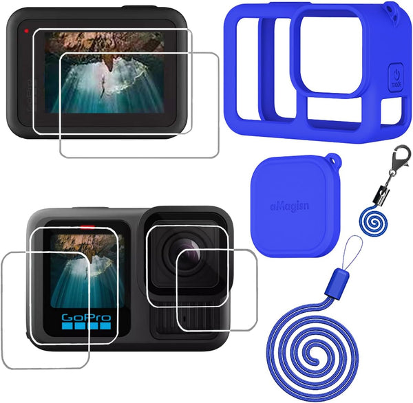 Hero13 Black Silicone Protective Case Bag Screen Protector for GoPro Hero13, Glass Screen Protector Soft Rubber Cover (Blue)