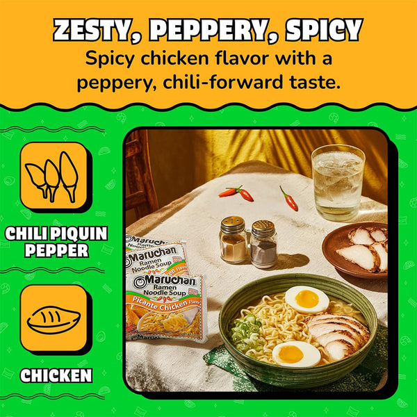 Maruchan Ramen Noodle Soup, Picante Chicken Flavor – Japanese-Style Instant Noodles, Quick & Easy Meal for Students & Busy Families – 3 Oz. (24