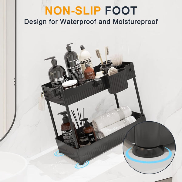 Sevenblue 2 Pack Under Sink Organizer, Under Bathroom Cabinet Organizer with Hooks Hanging Cup, Multi-Purpose Storage Shelf for Kitchen Bathroom,