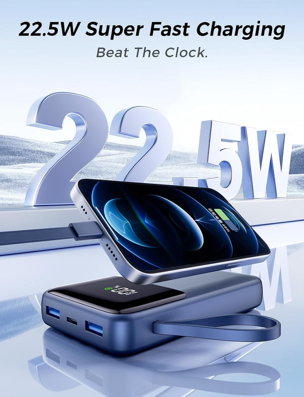 Portable Charger with Built in Cable, 15000mAh Power Bank, 22.5W Fast Charging, 6 Outputs, Slim Travel Essential Battery Pack with LED Display,