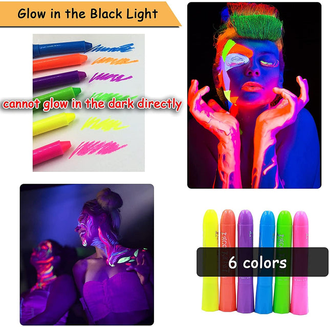 6 Pcs Glow in the Light Body Face Paint, Face Painting Kit, UV Crayon Kit Fluorescent Body Paints for Adults for Birthda