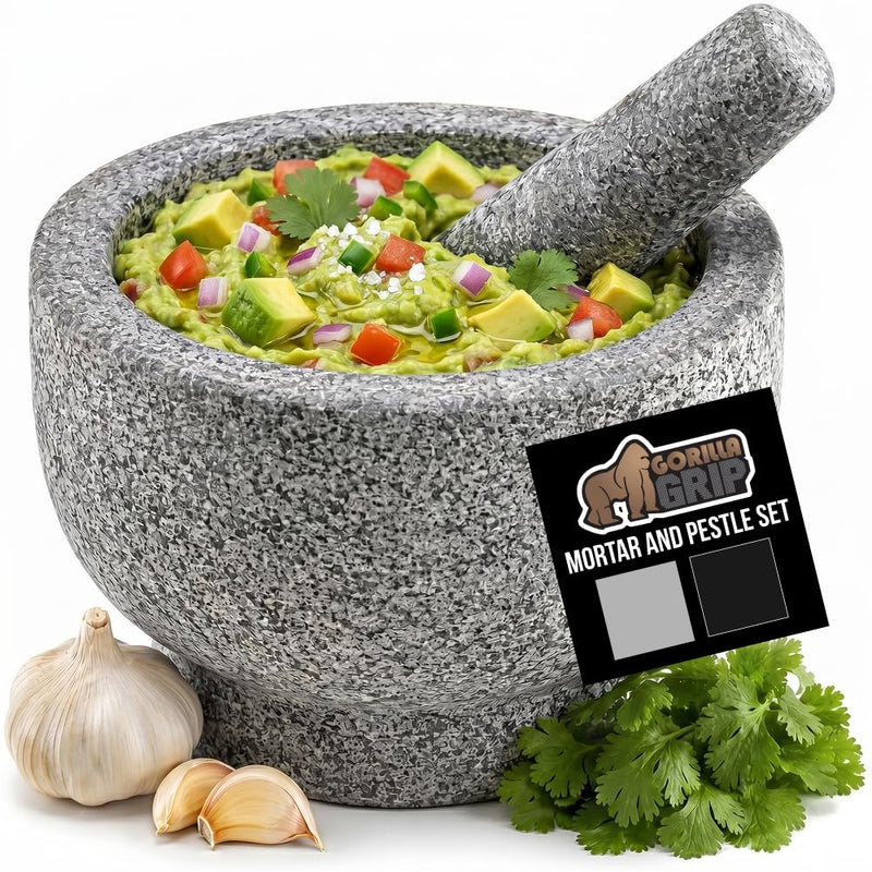 GORILLA GRIP 100% Natural Granite Stone Mortar and Pestle Set, 2 Cup, Non-Scratch Base, Heavy Duty Unpolished Molcajete Guacamole Salsa Bowl,