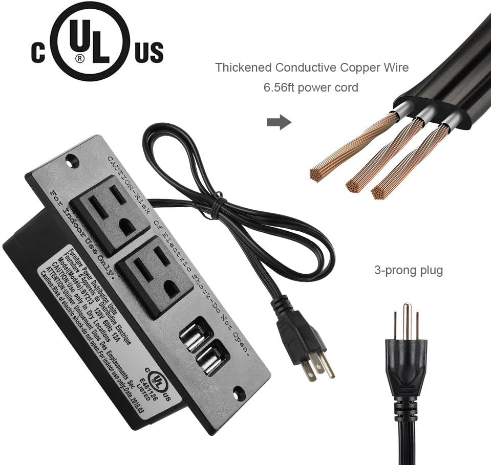 Conference Recessed Power Strip Socket with USB Ports,Table Power Strip,Desktop Charging Station with 2-Outlets and 2 USB Ports