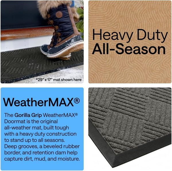 GORILLA GRIP 100% Waterproof All-Season WeatherMAX Doormat US Designed Natural Rubber, Stain Fade Resistant, Low Profile Indoor Outdoor Door Mats,