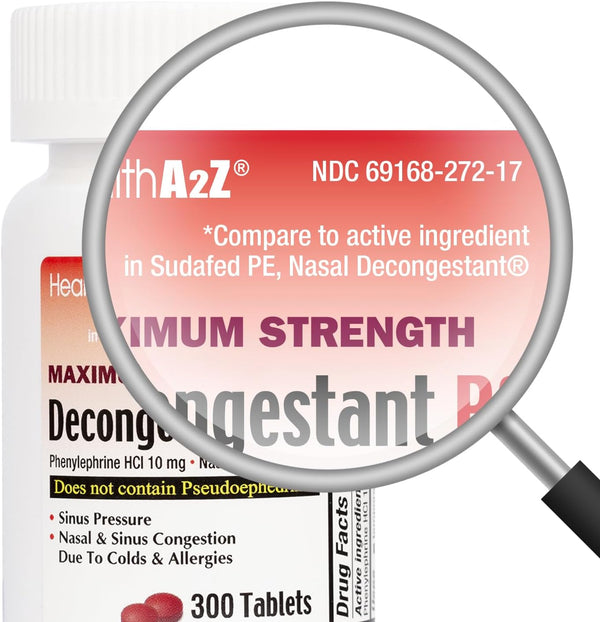HealthA2Z® Decongestant PE, Phenylephrine HCl 10mg, Sinus Relief, 300 Count 300 Count, 10mg (Pack of 1)