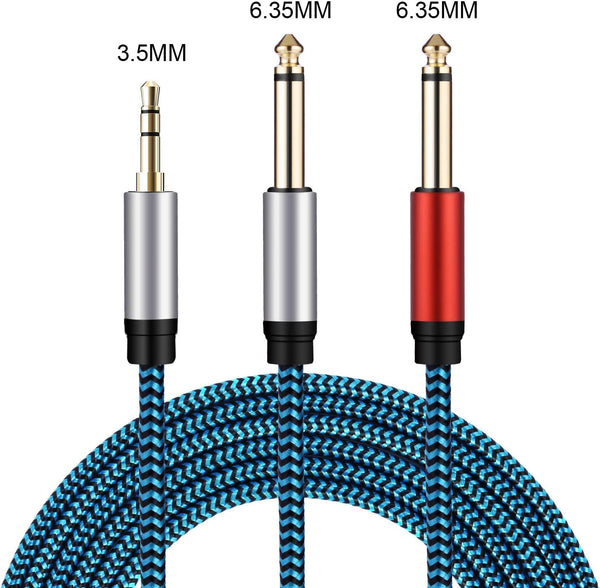 1/8 to 1/4 Stereo Cable, Nylon Braided 3.5mm to 1/4 Cable & Adapter Cord, TRS to Dual 6.35mm TS Unbalanced Breakout Wire for Laptop, Mixer, Amp -